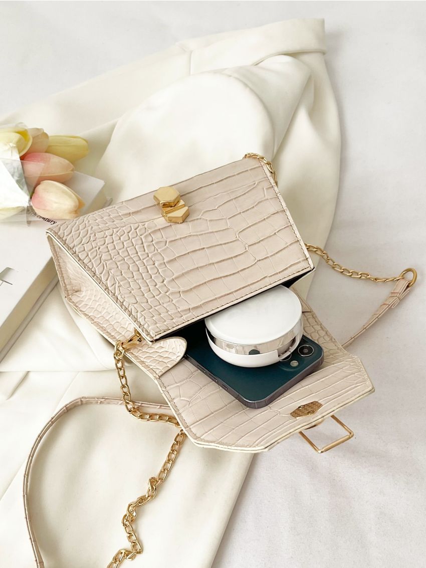 Mini Crocodile Embossed Metal Lock Flap Chain Square Bag