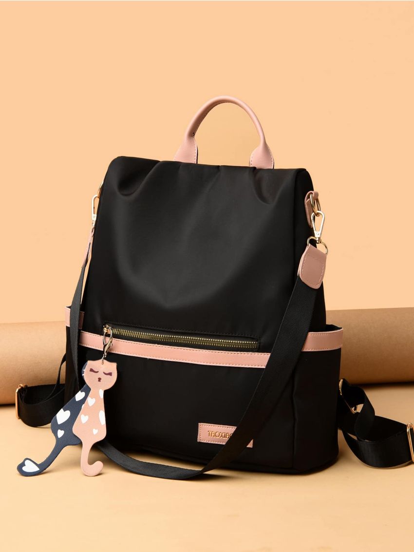 Letter Patch Decor Functional Backpack With Cartoon Bag Charm