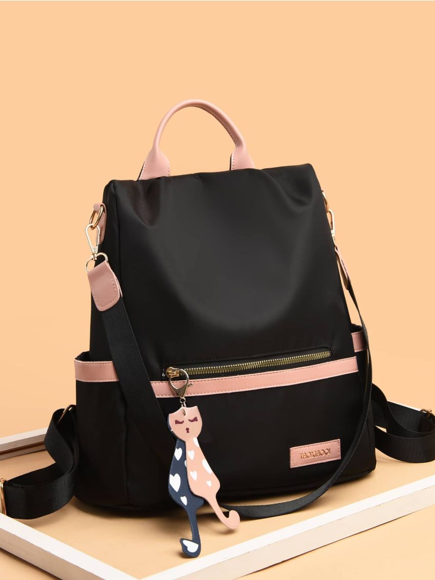 Letter Patch Decor Functional Backpack With Cartoon Bag Charm
