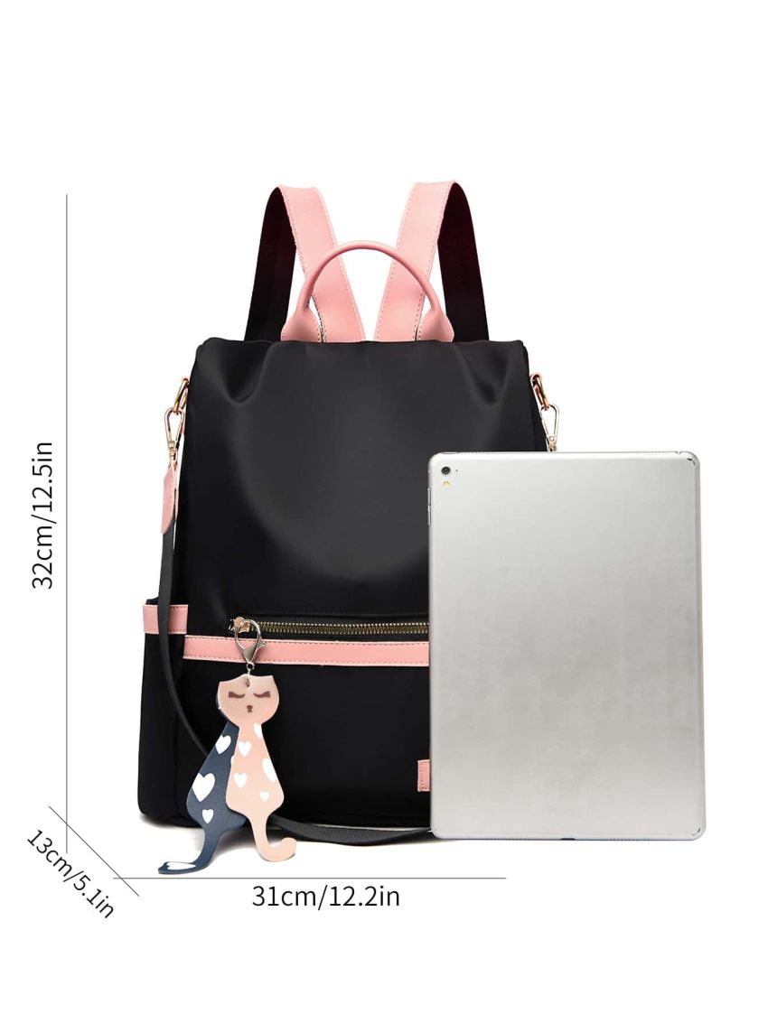 Letter Patch Decor Functional Backpack With Cartoon Bag Charm