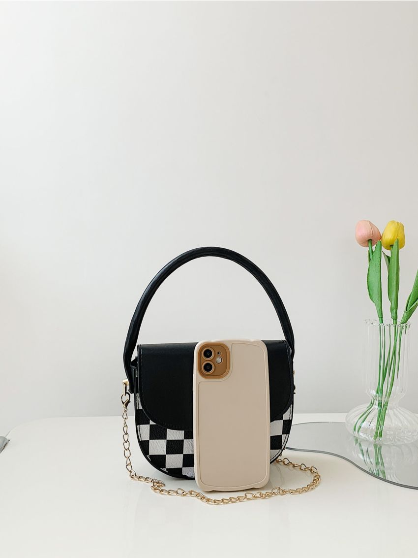 Mini Checkered Pattern Flap Chain Saddle Bag