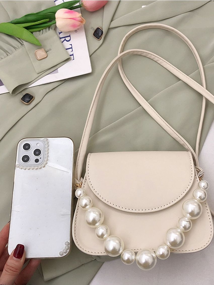 Faux Pearl Decor Flap Saddle Bag