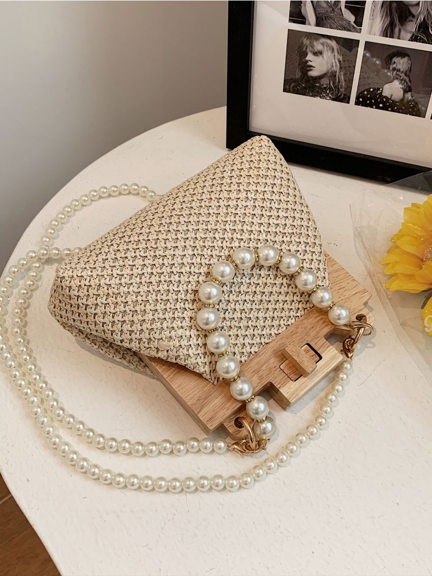Mini Colorblock Faux Pearl Decor Fluffy Shoulder Bag