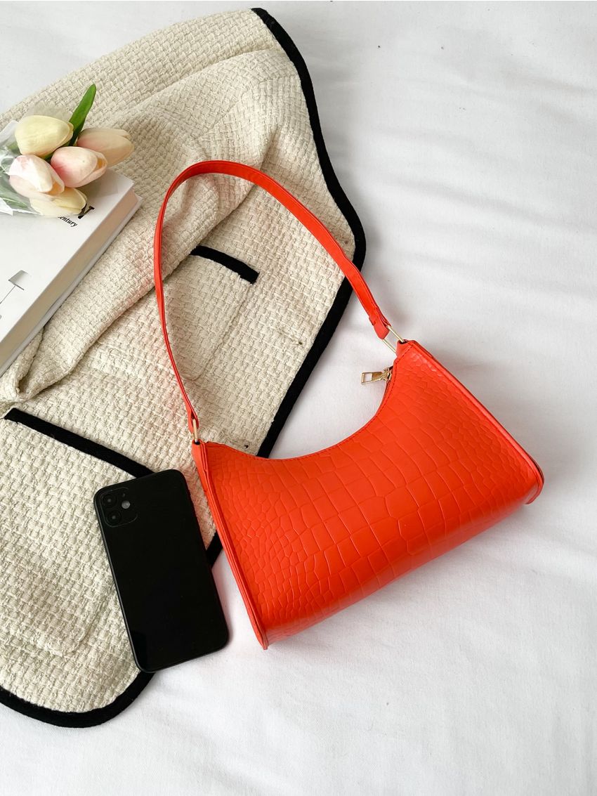 Minimalist Crocodile Embossed Baguette Bag