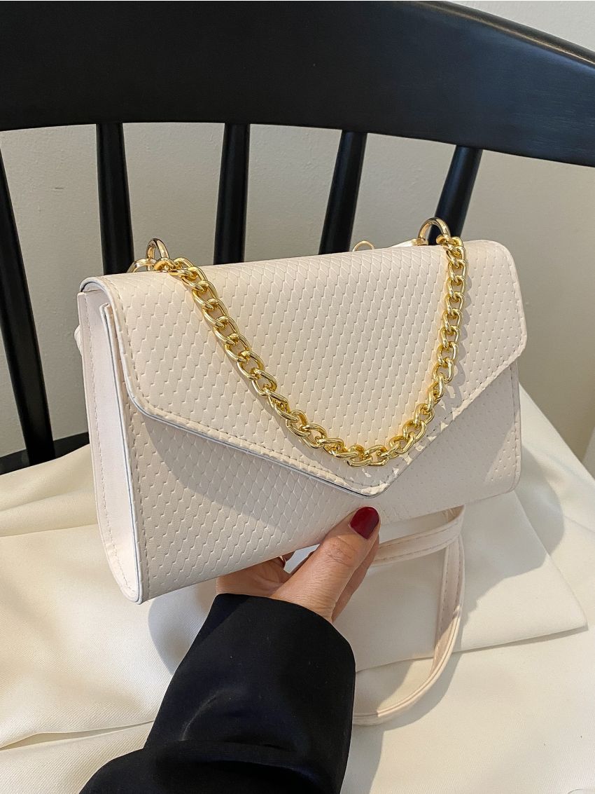 Geometric Embossed Square Bag Chain Decor Flap White PU