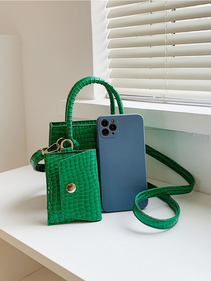 Mini Snakeskin Embossed Double Handle Square Bag With Coin Purse