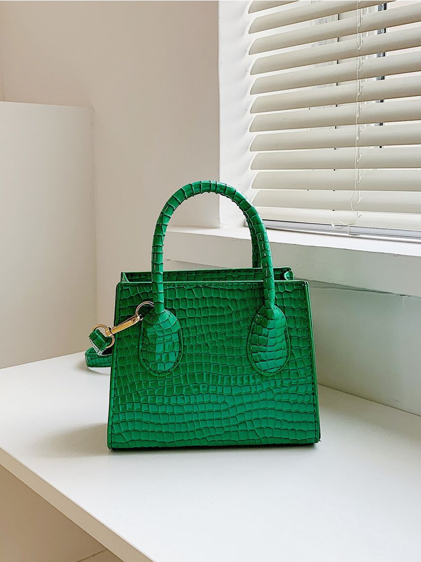 Mini Snakeskin Embossed Double Handle Square Bag With Coin Purse