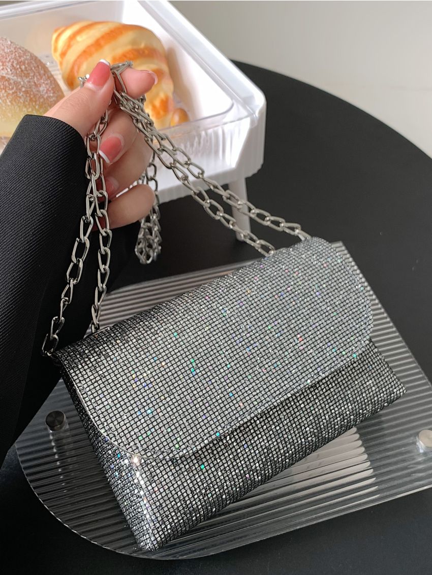 Mini Rhinestone Decor Flap Chain Square Bag