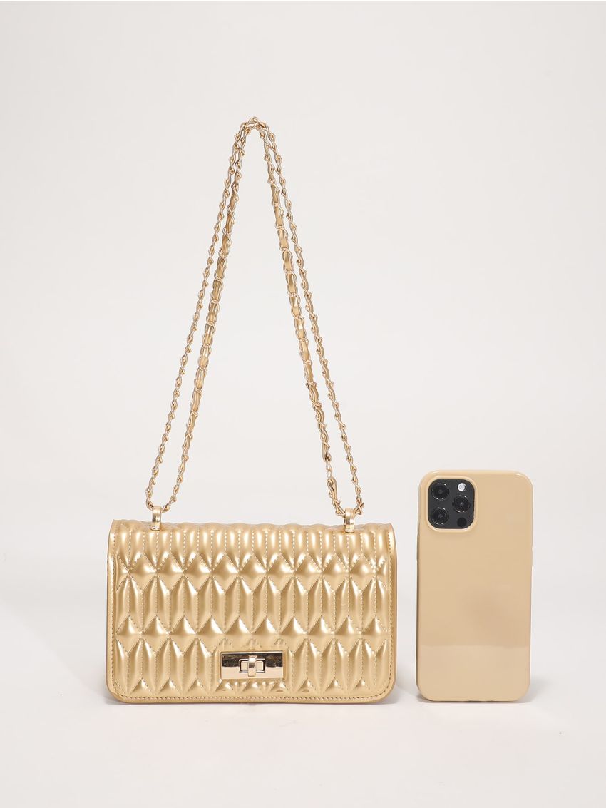 Mini Metallic Artificial Patent Leather Twist Lock Quilted Flap Chain Square Bag