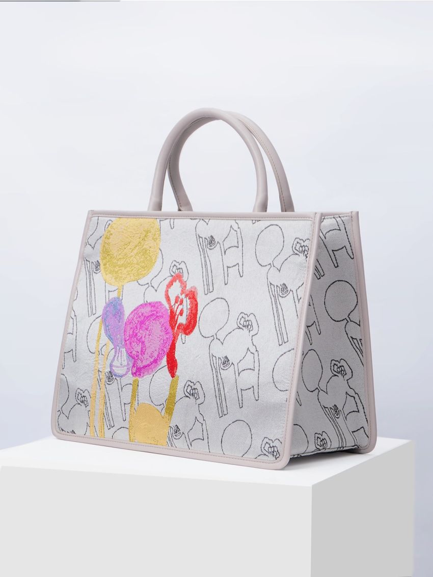 PREMIUM ABSTRACT PRINT CONTRAST BINDING TOP HANDLE BAG