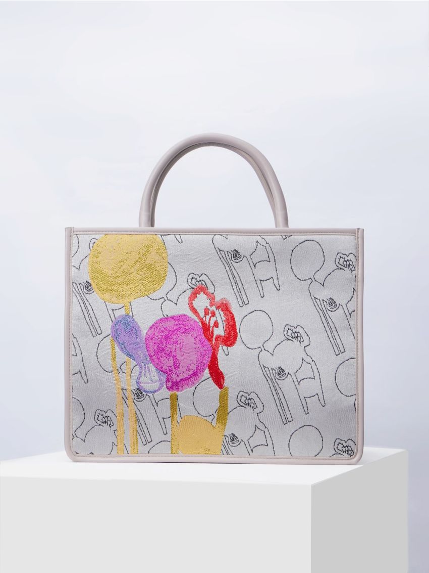 PREMIUM ABSTRACT PRINT CONTRAST BINDING TOP HANDLE BAG