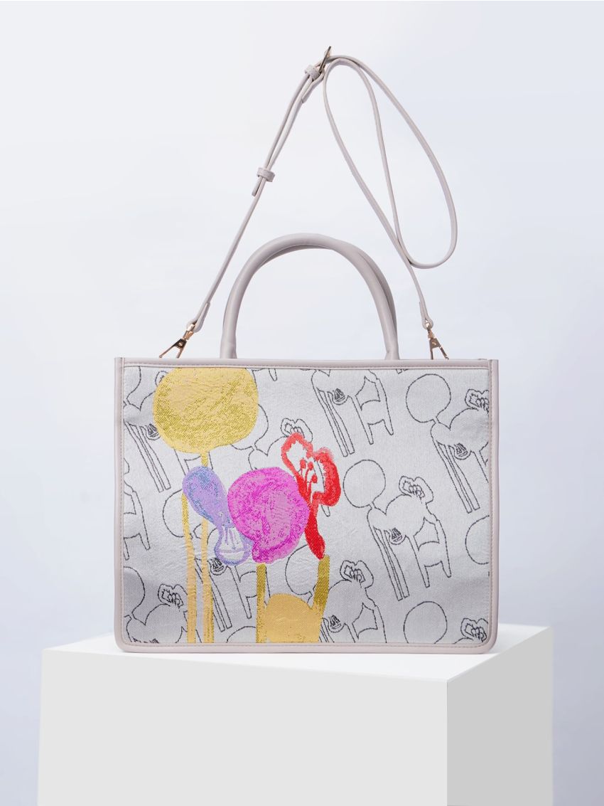 PREMIUM ABSTRACT PRINT CONTRAST BINDING TOP HANDLE BAG