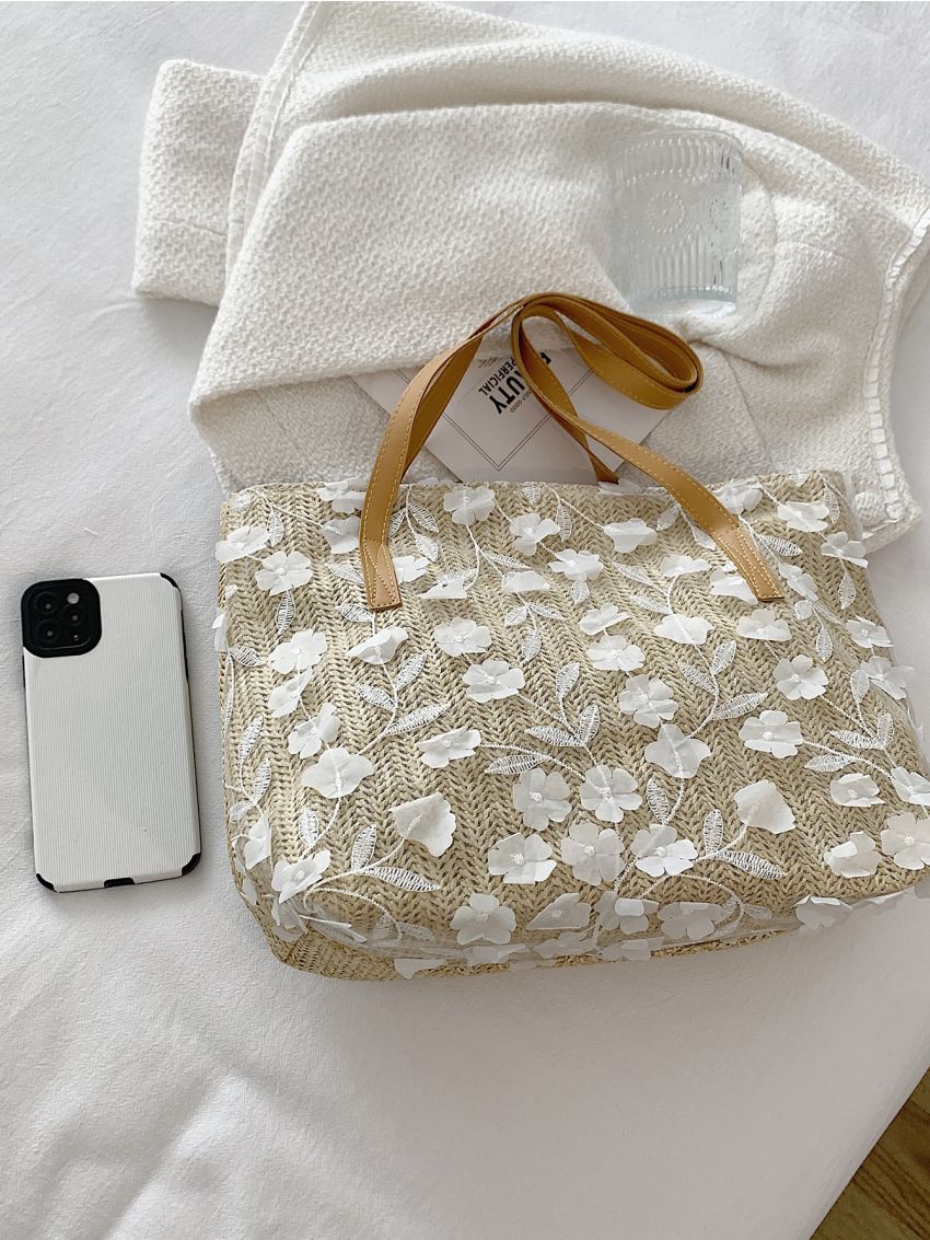 Flower Decor Straw Bag Double Handle For Vacation