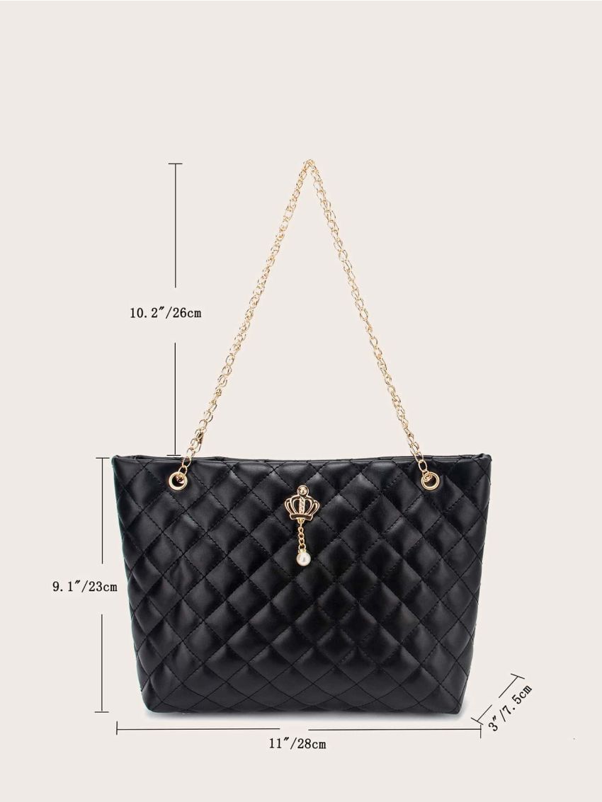 Faux Pearl Charm Quilted Chain Tote Bag
