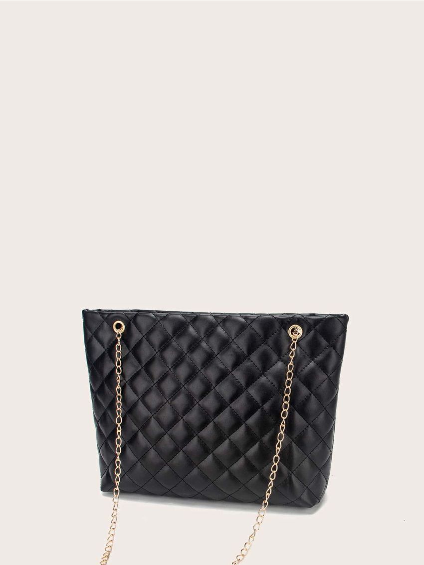 Faux Pearl Charm Quilted Chain Tote Bag