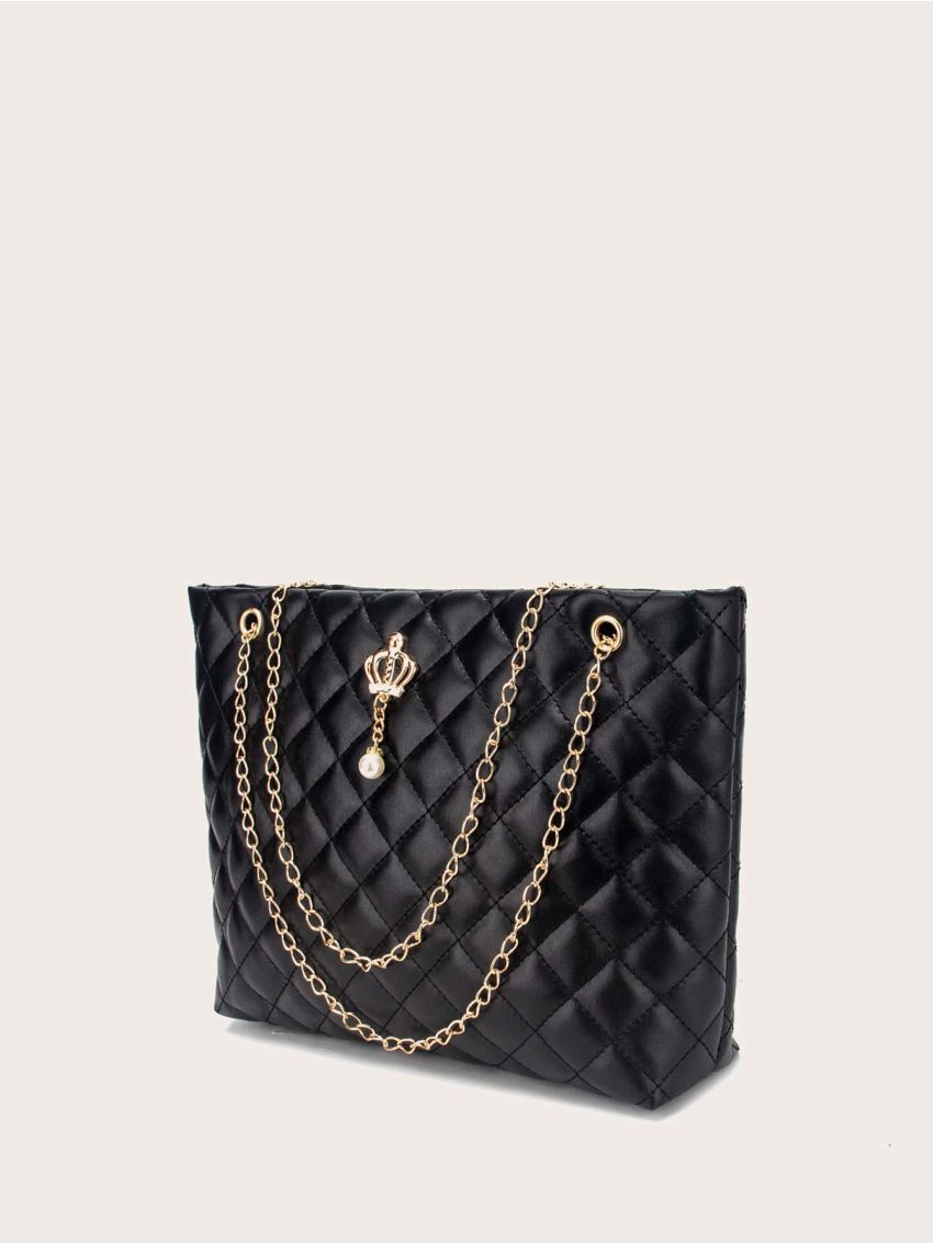 Faux Pearl Charm Quilted Chain Tote Bag