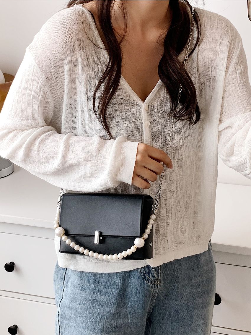 Faux Pearl Decor Chain Flap Square Bag
