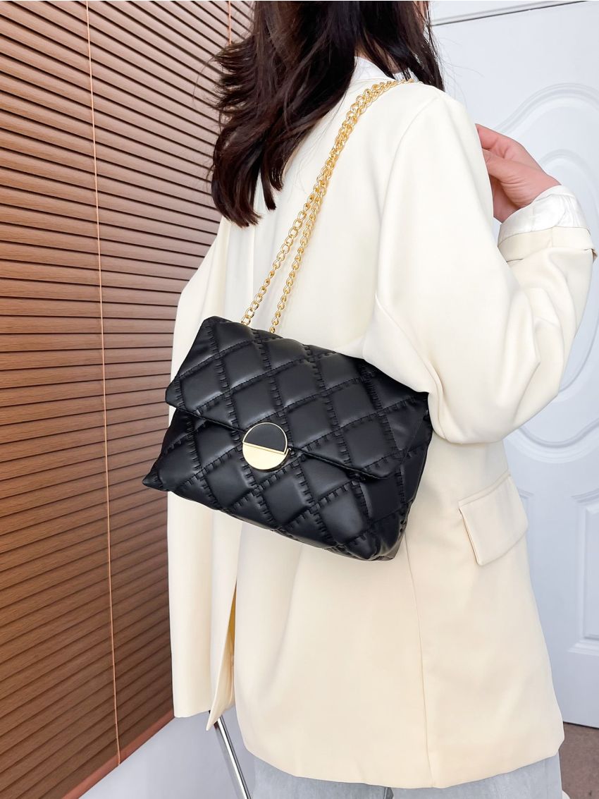 Quilted Chain Flap Square Bag