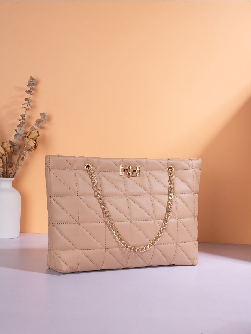 Quilted Twist Lock Shoulder Tote Bag
