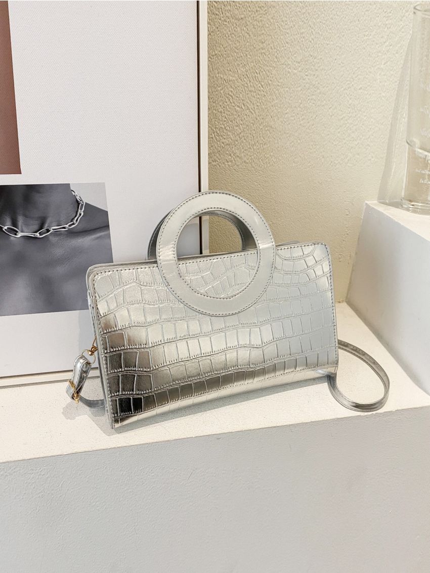 Metallic Crocodile Embossed Double Handle Square Bag