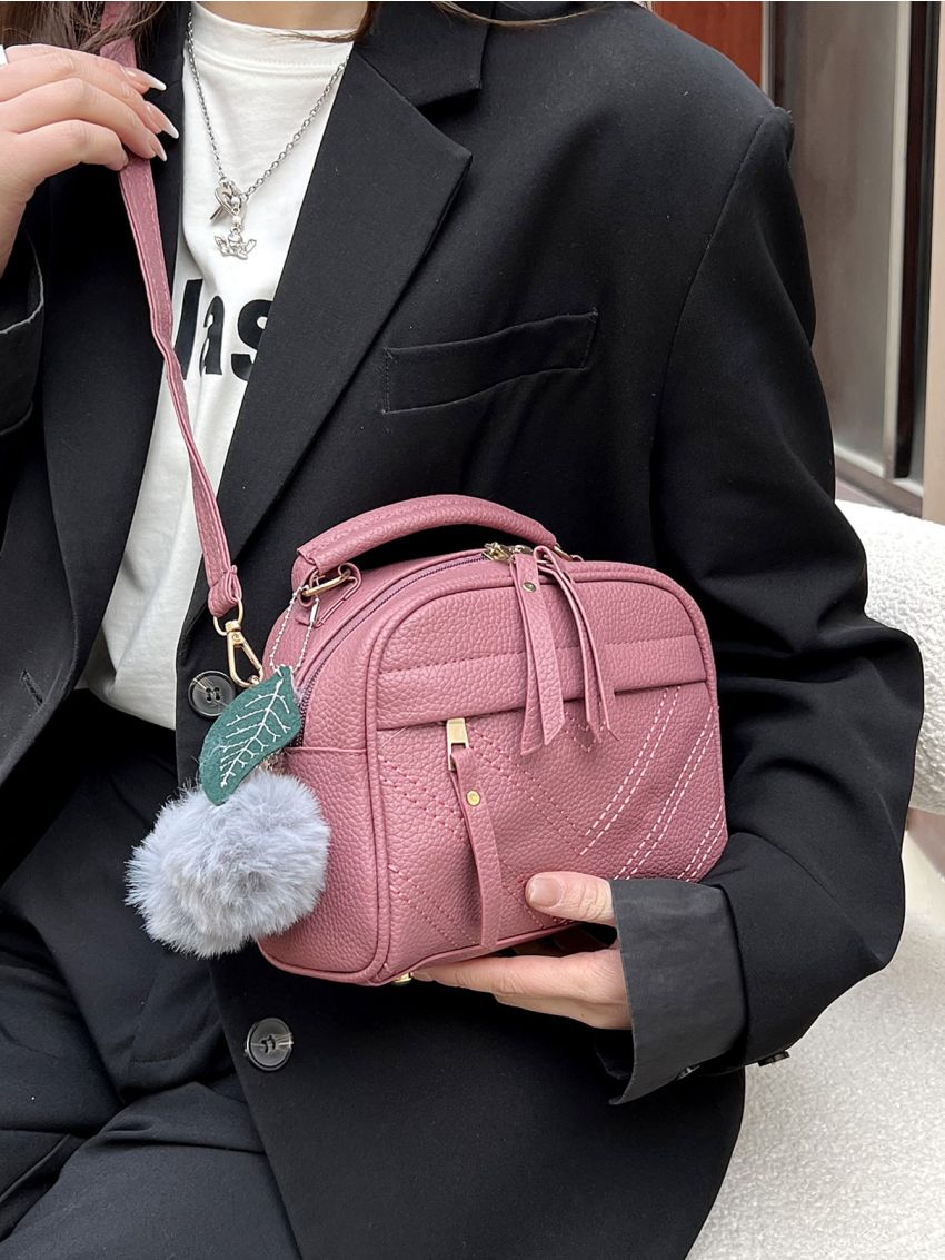 Mini Chevron Quilted Studded Decor Top Handle Dome Bag With Bag Charm