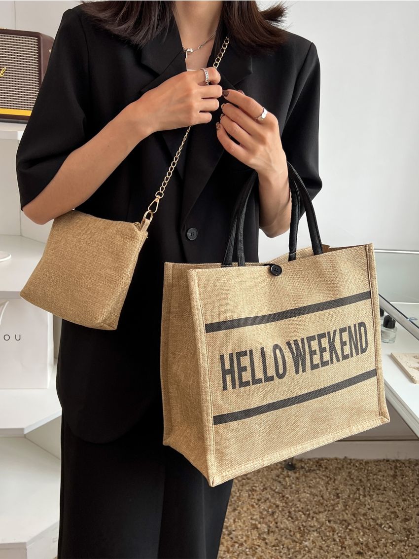 Slogan Graphic Shoulder Tote Bag With Square Bag