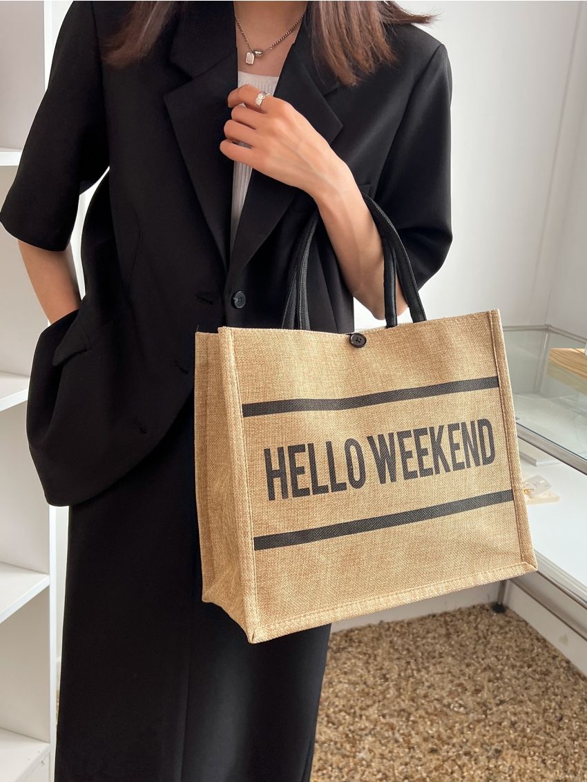 Slogan Graphic Shoulder Tote Bag With Square Bag