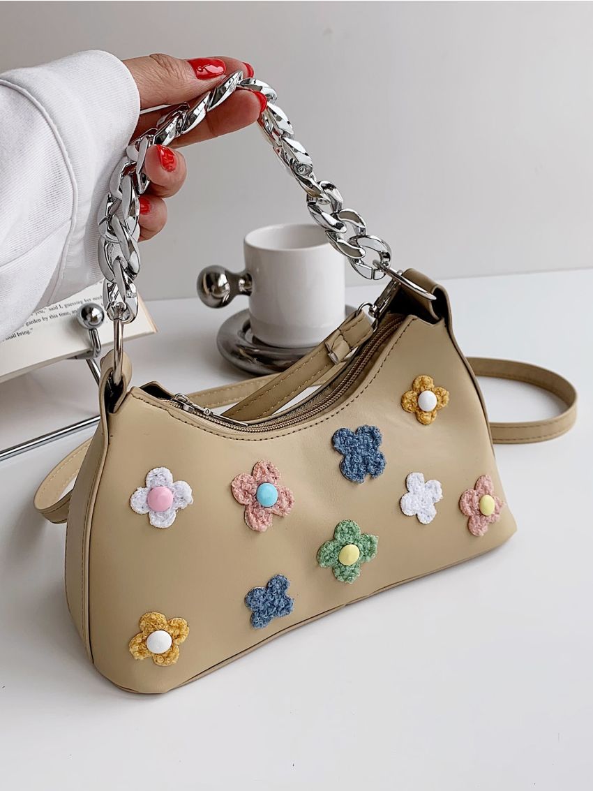 Applique & Button Decor Chain Baguette Bag