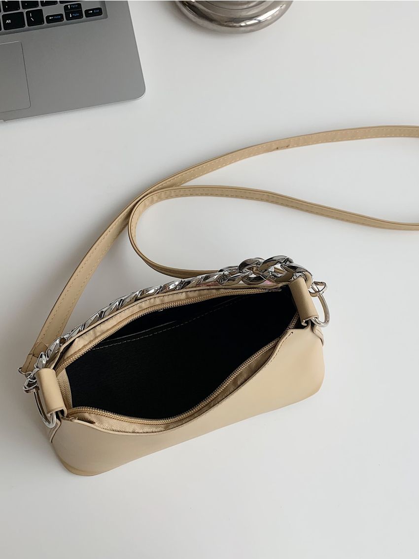 Applique & Button Decor Chain Baguette Bag