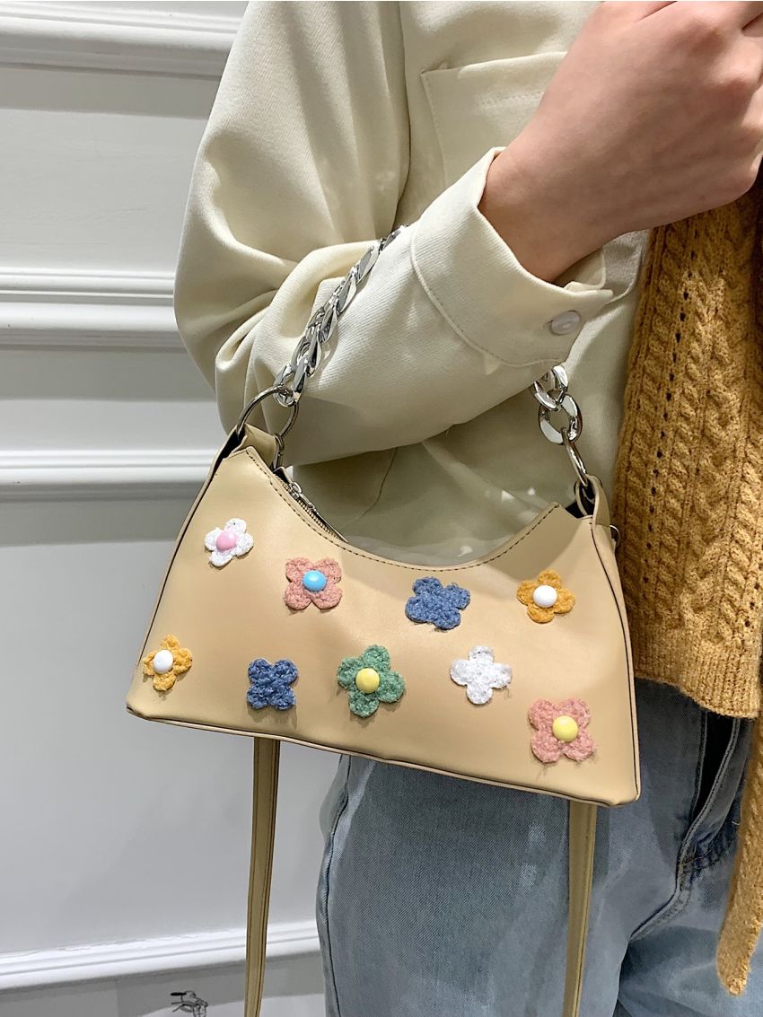 Applique & Button Decor Chain Baguette Bag