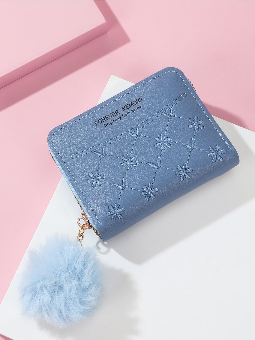 Pom Pom Charm Letter Graphic Small Wallet