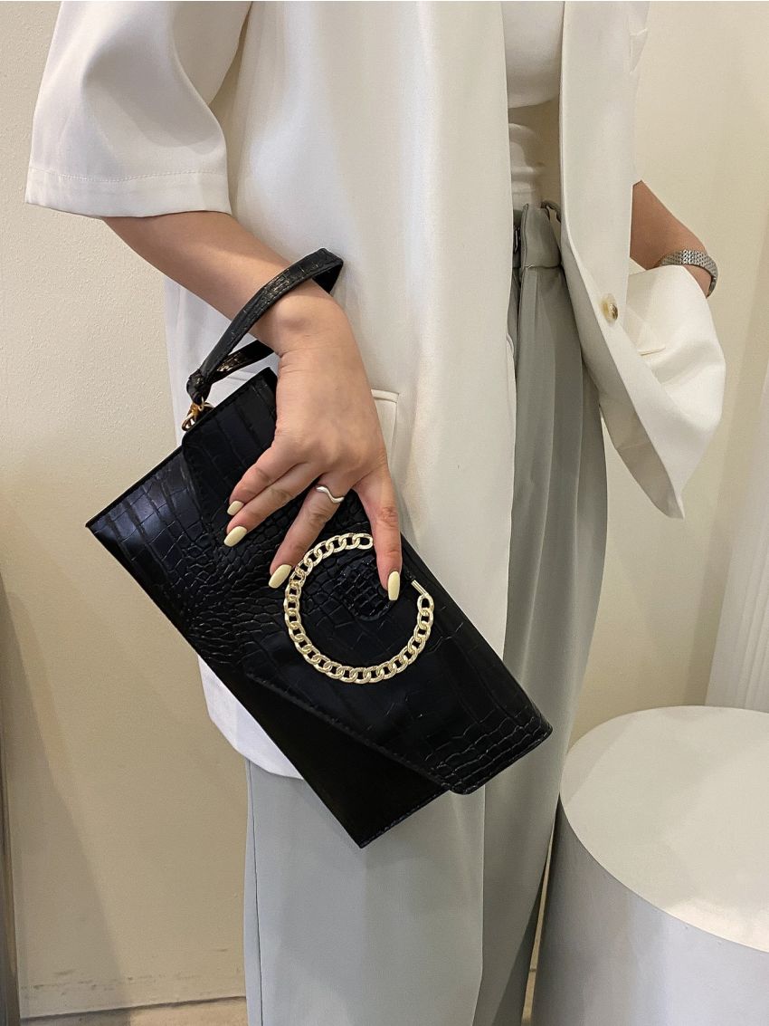 Crocodile Embossed Chain Decor Square Bag