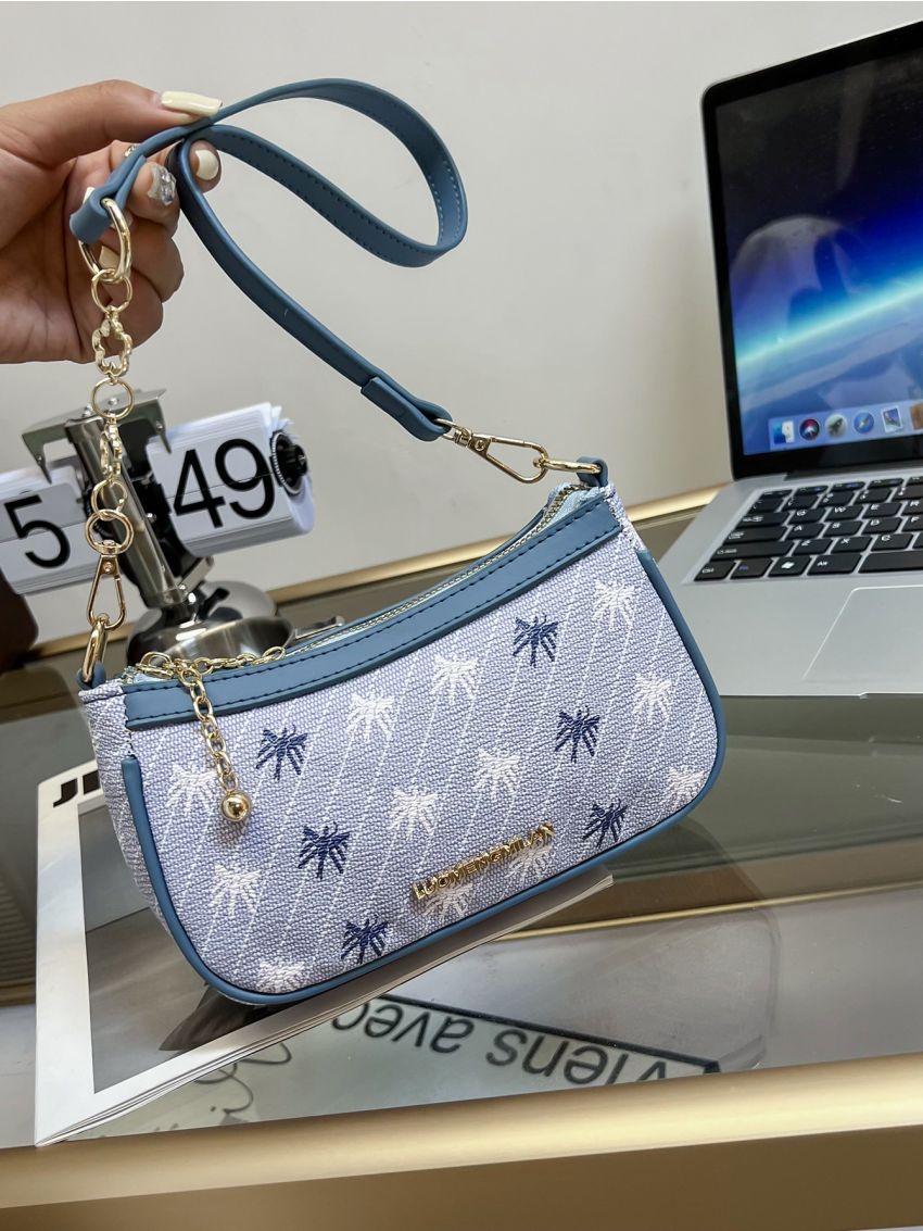 Mini Allover Graphic Metal Letter & Chain Decor Baguette Bag