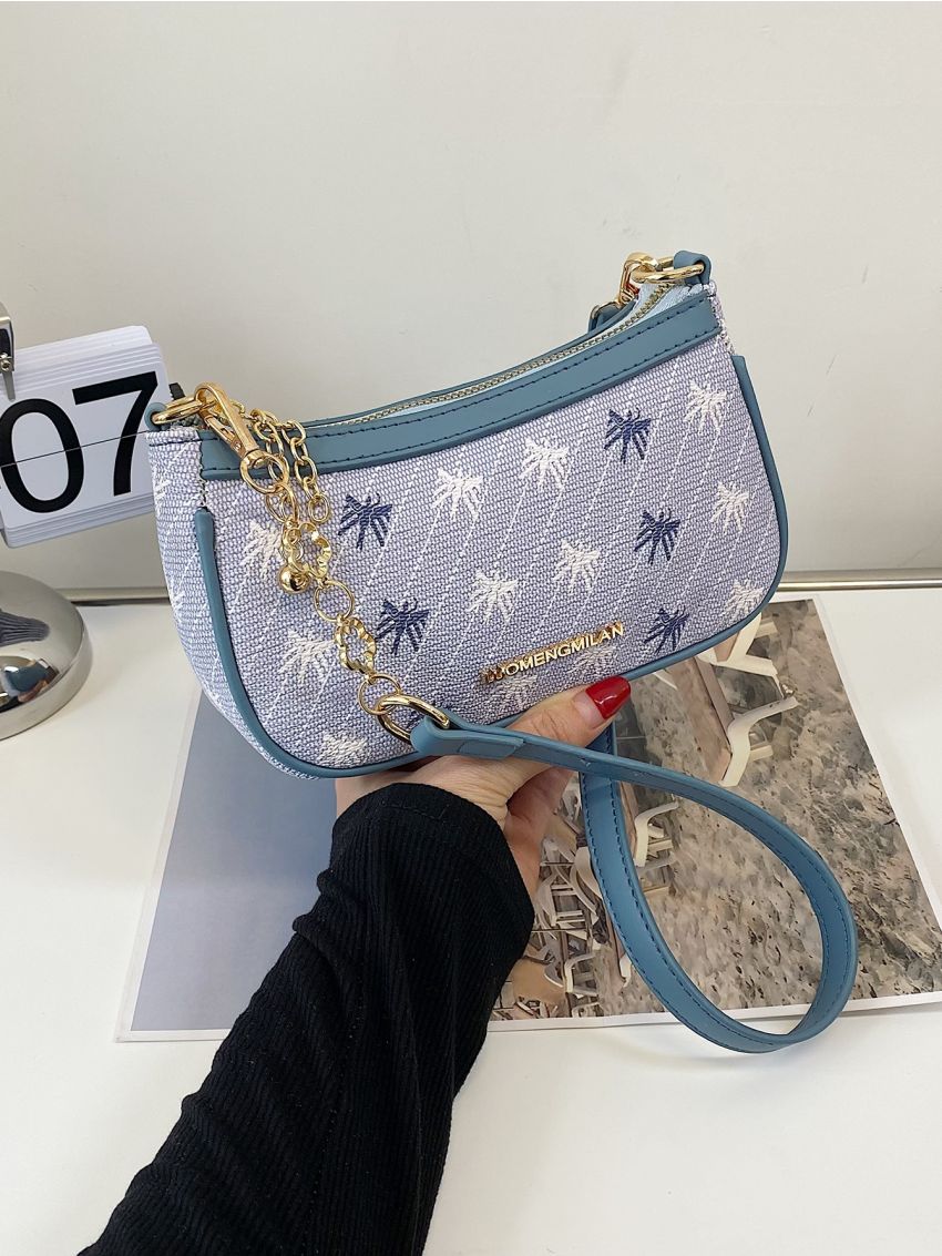Mini Allover Graphic Metal Letter & Chain Decor Baguette Bag