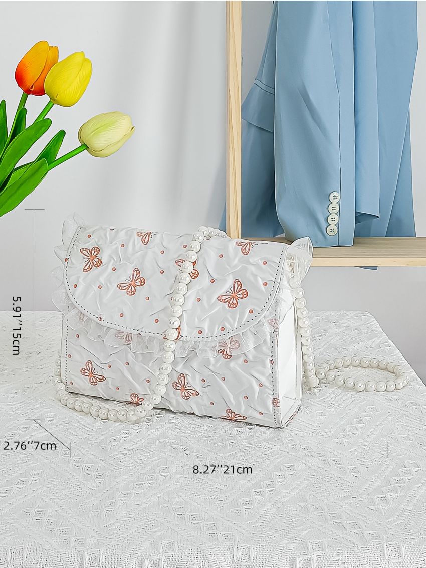 Butterfly Pattern Frill Trim Faux Pearl Decor Square Bag