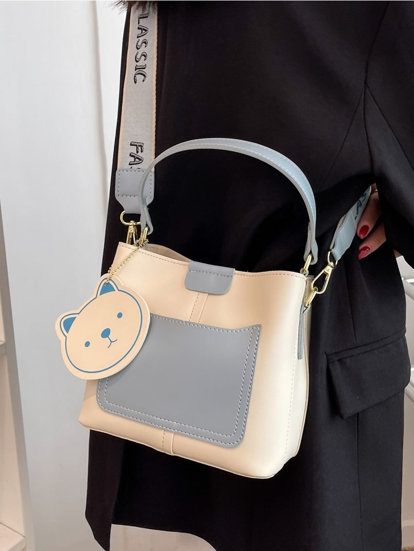 Mini Colorblock Letter Graphic Top Handle Bucket Bag With Bag Charm