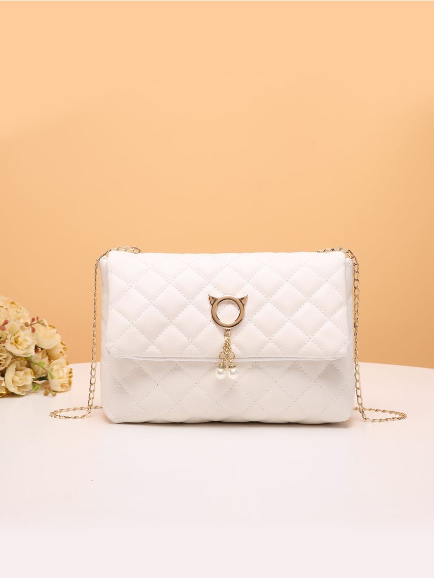 Quilted Faux Pearl Decor Flap Chain Square Bag