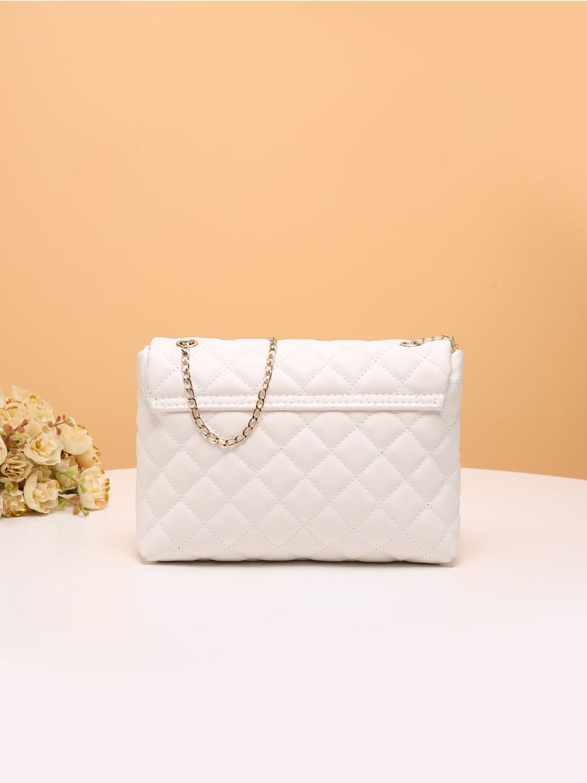 Quilted Faux Pearl Decor Flap Chain Square Bag