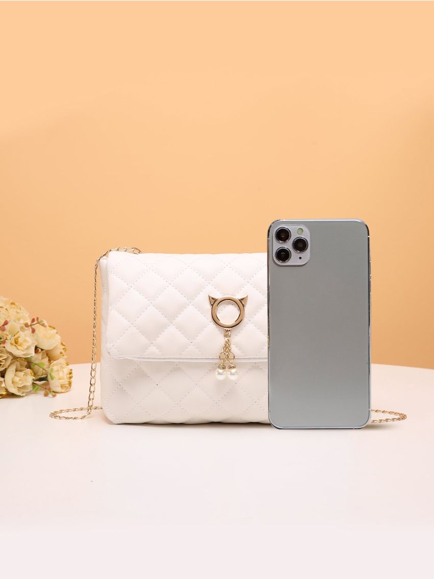 Quilted Faux Pearl Decor Flap Chain Square Bag