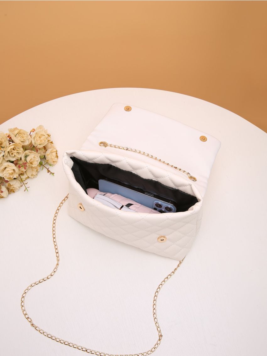 Quilted Faux Pearl Decor Flap Chain Square Bag