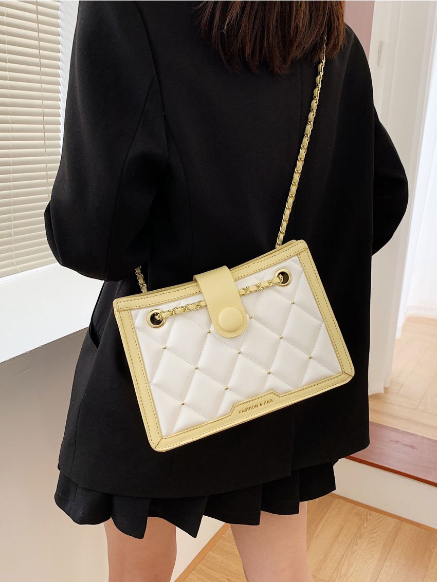 Letter Graphic Quilted Studded Decor Contrast Binding Chain Square Bag