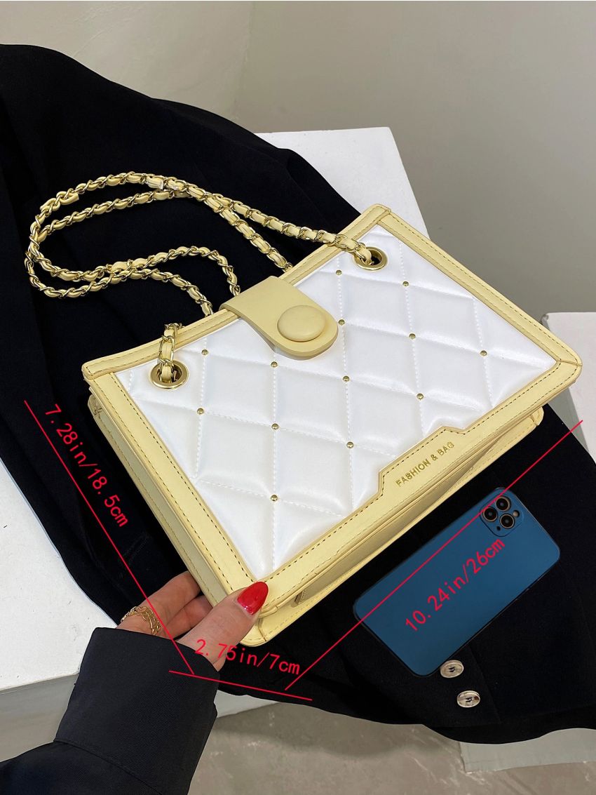 Letter Graphic Quilted Studded Decor Contrast Binding Chain Square Bag