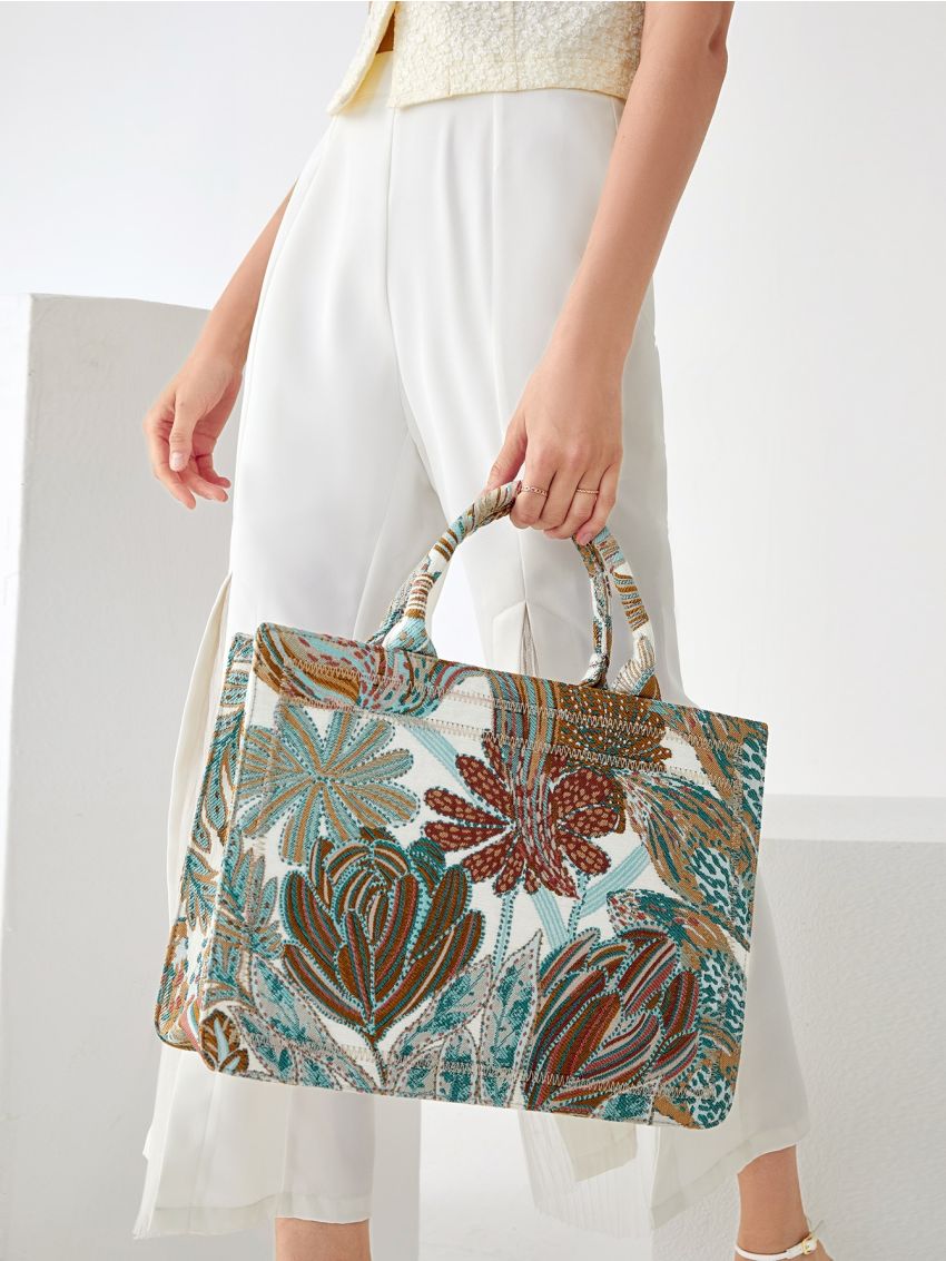 Floral Embroidered Top Handle Bag