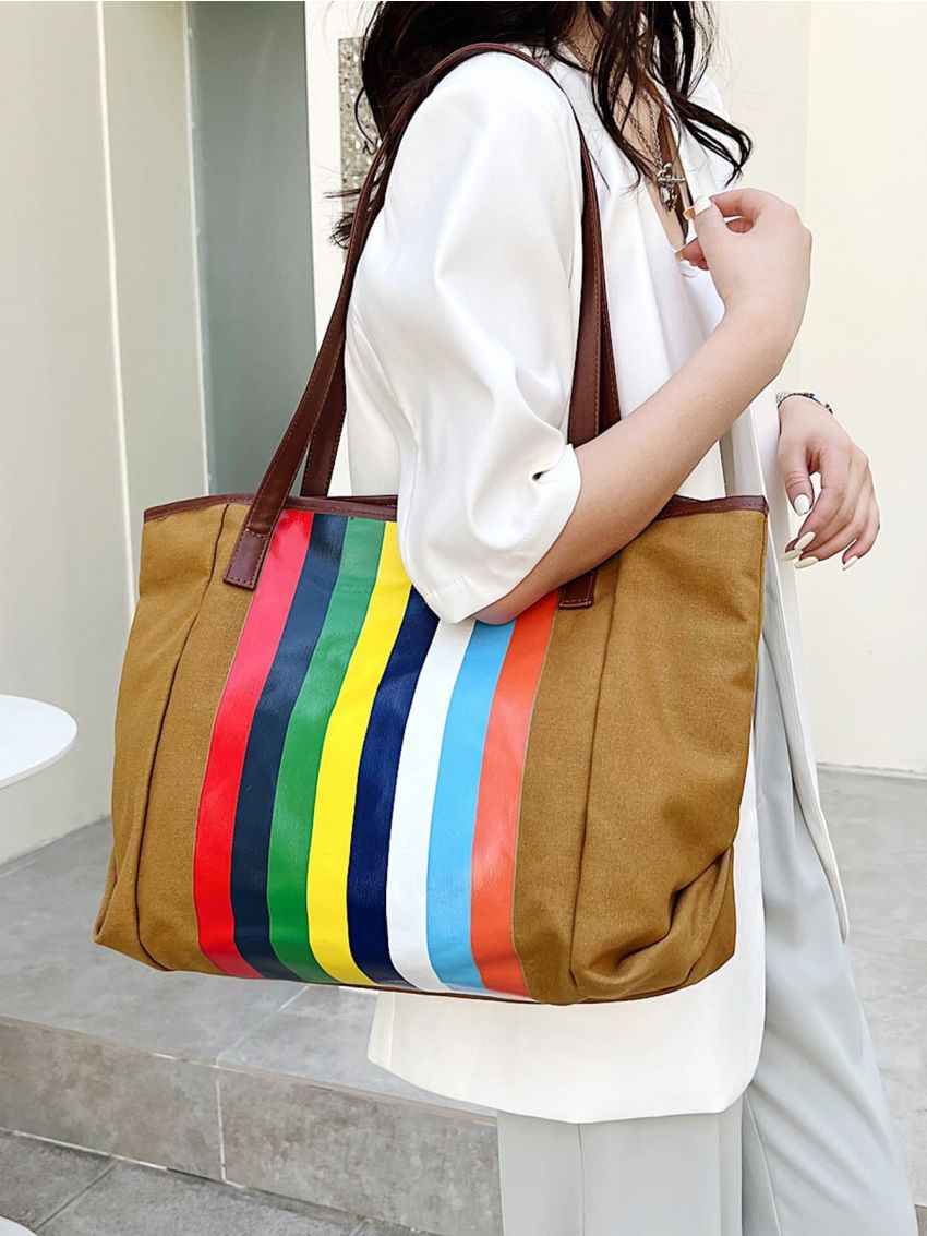 Block Striped Print Contrast Binding Shoulder Tote Bag