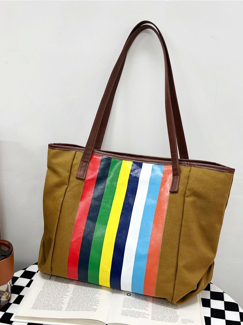 Block Striped Print Contrast Binding Shoulder Tote Bag