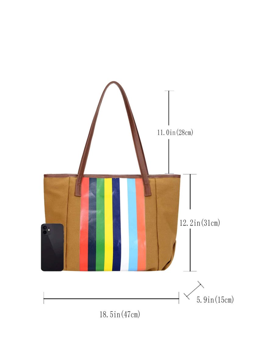 Block Striped Print Contrast Binding Shoulder Tote Bag