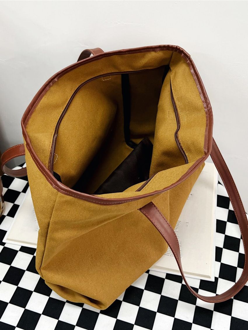 Block Striped Print Contrast Binding Shoulder Tote Bag