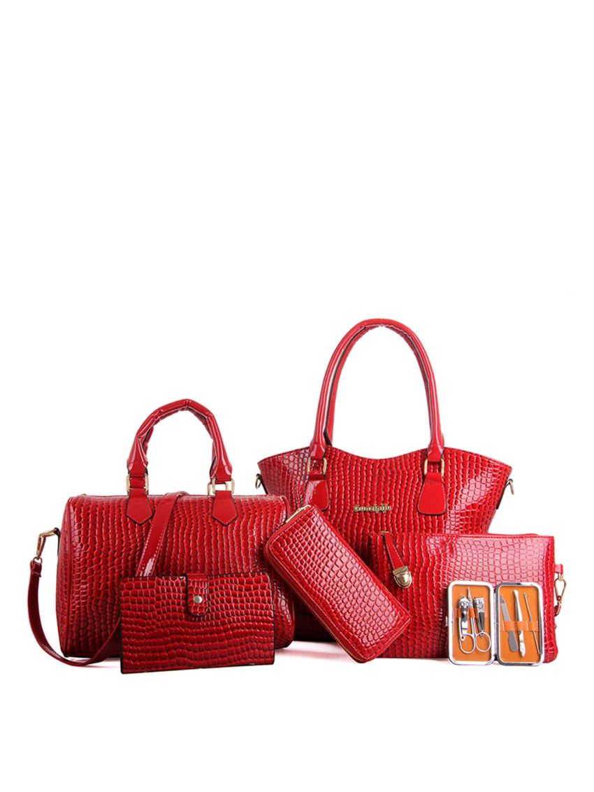 6pcs Crocodile Embossed Metal Letter Decor Top Handle Bag Set