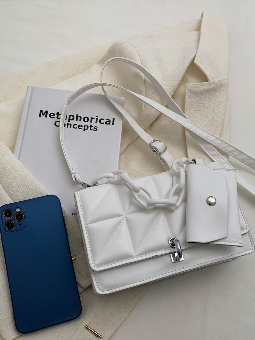 Quilted Chain Decor Flap Square Bag With Coin Purse