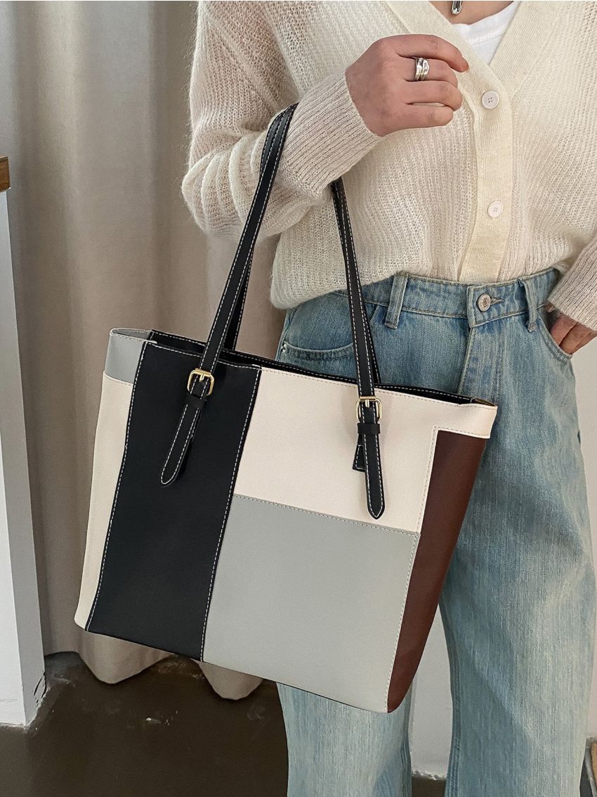 Colorblock Plaid Shoulder Tote Bag